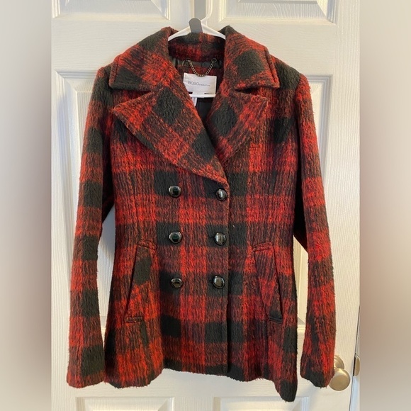 BCBG red & black Buffalo check pea coat - Picture 1 of 3